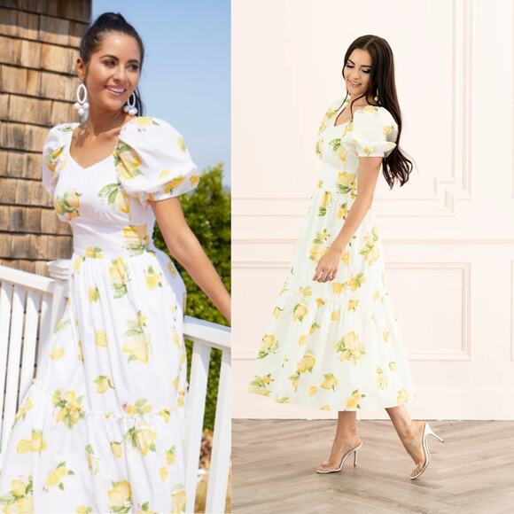 NEW Rachel Parcell Puff Sleeve Midi Dress in Yellow Maize Lemon Print XL Dainty - Picture 1 of 8